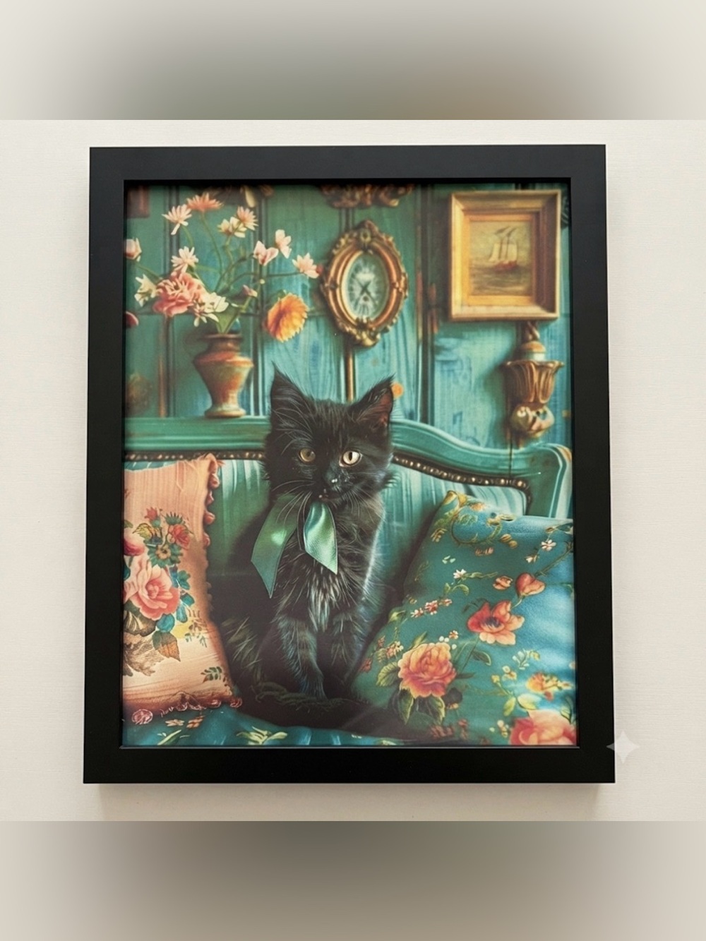 Framed 8x10” Cat Art with Green and Floral Accents